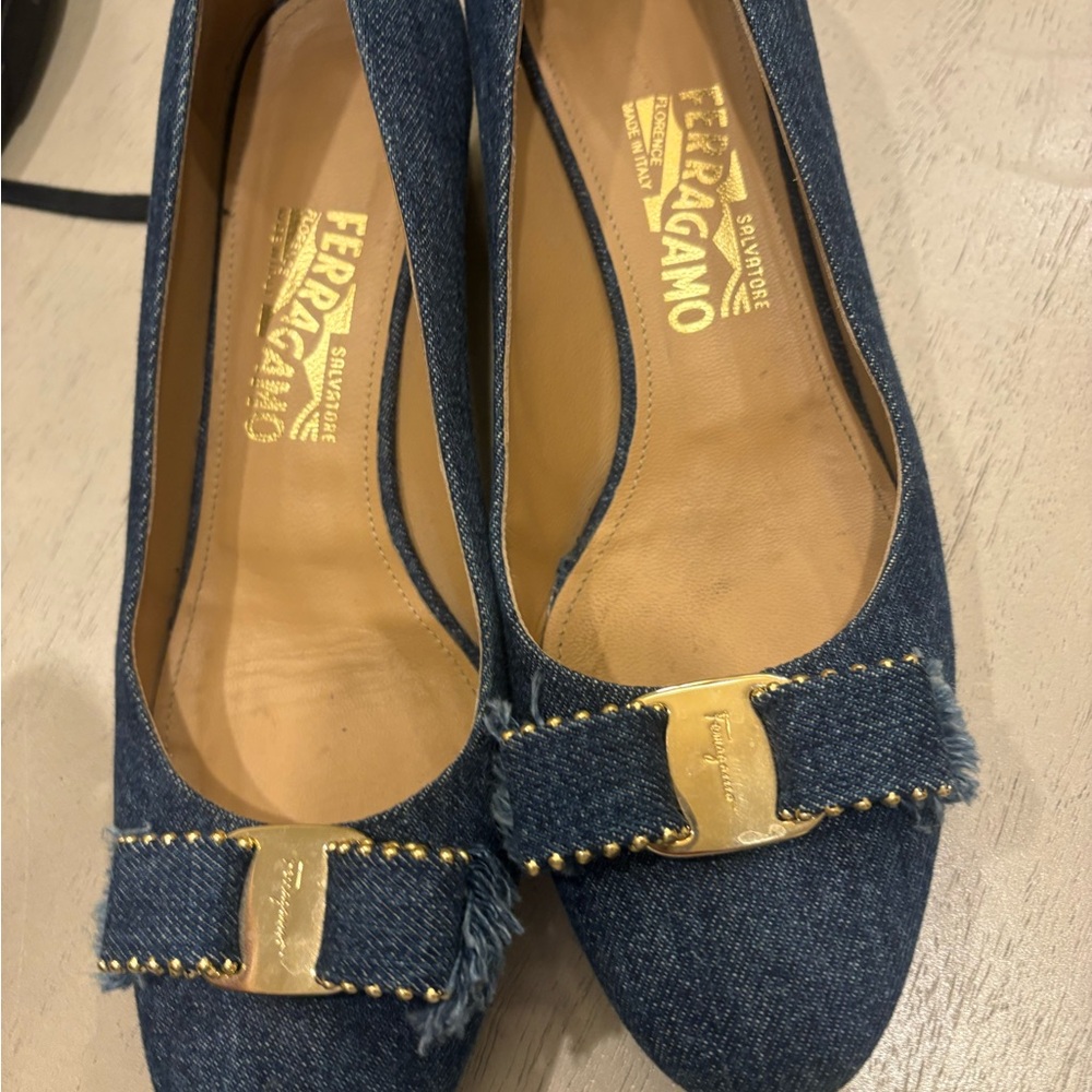 Salvatore Ferragamo Denim Heels with Gold Accents